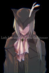 Rule 34 | 1girl, absurdres, black background, blonde hair, blood, blood on clothes, blood stain, bloodborne, cape, closed eyes, collar, collared jacket, gem, hat, hat feather, highres, huge filesize, isdss, jacket, lady maria of the astral clocktower, long hair, ponytail, simple background, smile, solo, the old hunters, tricorne