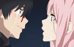 Rule 34 | 10s, 1boy, 1girl, black bodysuit, black hair, blood, blood on face, blue eyes, blush, bodysuit, couple, crying, crying with eyes open, darling in the franxx, face-to-face, facing another, green eyes, hetero, highres, hiro (darling in the franxx), injury, long hair, looking at another, maxswell1, pilot suit, pink hair, short hair, signature, tears, zero two (darling in the franxx)