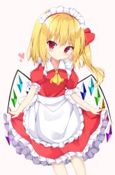 Rule 34 | 1girl, alternate costume, alternate headwear, apron, ascot, blonde hair, blush, clothes lift, commentary, contrapposto, cropped legs, enmaided, expressionless, feet out of frame, flandre scarlet, gradient background, hair ribbon, head tilt, heart, highres, lifted by self, looking at viewer, maid, maid headdress, one side up, petticoat, pink background, puffy short sleeves, puffy sleeves, red eyes, red shirt, red skirt, ribbon, sabana, shirt, short hair, short sleeves, skirt, skirt lift, skirt set, solo, touhou, waist apron, white background, wings, yellow ascot