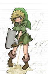 Rule 34 | 1girl, breasts, character sheet, female focus, gender request, genderswap, hat, image sample, link, nintendo, partially colored, peeing, peeing self, pixiv sample, resized, solo, the legend of zelda, white background