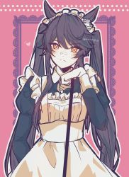 Rule 34 | 1girl, absurdres, alternate costume, animal ears, apron, bandaid, bandaid on face, bandaid on nose, black dress, black hair, chan maya, closed mouth, collared dress, dress, enmaided, heart, highres, horse ears, juliet sleeves, long hair, long sleeves, looking at viewer, maid, maid apron, maid headdress, narita brian (umamusume), puffy sleeves, solo, split mouth, twintails, twitter username, umamusume, upper body, yellow eyes