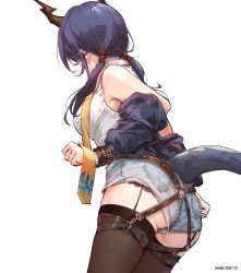 Rule 34 | 1girl, arknights, artist name, ass, bare shoulders, bdsm, black hair, black jacket, black panties, blue shorts, bondage, bound, bound arms, breasts, brown thighhighs, ch&#039;en (arknights), clouble, dated, dragon girl, dragon horns, dragon tail, garter straps, gradient background, grey background, highres, horns, jacket, long hair, long sleeves, low twintails, medium breasts, necktie, o-ring, open clothes, open jacket, panties, panty peek, shirt, short shorts, shorts, simple background, solo, tail, thighhighs, twintails, underwear, white background, white shirt, yellow necktie