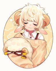 Rule 34 | 1boy, animal ears, blonde hair, closed mouth, collared shirt, drooling, closed eyes, holding, holding stuffed toy, horns, off shoulder, original, sheep boy (tsubaki tsubara), sheep ears, sheep horns, shirt, signature, stuffed animal, stuffed sheep, stuffed toy, suspenders, sweater, tsubaki tsubaru, white shirt