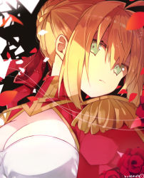 Rule 34 | 10s, 1girl, ahoge, black background, blonde hair, blurry, blurry foreground, bow, braid, breasts, cleavage, closed mouth, commentary request, depth of field, dress, epaulettes, fate/extra, fate (series), flower, green eyes, hair between eyes, hair bow, hair bun, hair intakes, head tilt, highres, looking at viewer, medium breasts, nero claudius (fate), nero claudius (fate) (all), nero claudius (fate/extra), petals, puffy sleeves, red bow, red dress, red flower, red rose, rose, sidelocks, signature, single hair bun, solo, upper body, yuzuki gao