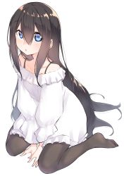 Rule 34 | 1girl, alternate hair length, alternate hairstyle, bare shoulders, between legs, blue eyes, blush, brown hair, brown pantyhose, collarbone, commentary request, dress, frilled dress, frills, full body, hair between eyes, hand between legs, highres, long hair, long sleeves, looking at viewer, no shoes, off-shoulder dress, off shoulder, original, pantyhose, parted lips, puffy long sleeves, puffy sleeves, simple background, sitting, soles, solo, suzunari shizuku, very long hair, wariza, white background, white dress, yuki arare