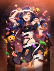Rule 34 | 00s, 1girl, axe, bandages, blue eyes, blue hair, camisole, candy, cookie, cowboy shot, food, gradient background, hair tubes, halloween, halloween costume, jack-o&#039;-lantern, lace, long hair, magari (senjou no valkyria), matching hair/eyes, midriff, murakami yuichi, navel, one eye closed, open mouth, picnic basket, senjou no valkyria, senjou no valkyria (series), senjou no valkyria 2, skirt, solo, star (symbol), tears, torn clothes, weapon