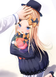 Rule 34 | 1girl, :d, abigail williams (fate), absurdres, black bow, black dress, black footwear, black headwear, blonde hair, bloomers, blue eyes, blush, bow, bug, butterfly, commentary request, dress, fate/grand order, fate (series), hair bow, hat, headpat, highres, insect, long hair, long sleeves, multiple hair bows, hugging object, open mouth, orange bow, out of frame, parted bangs, polka dot, polka dot bow, sakazakinchan, shoes, sleeves past fingers, sleeves past wrists, smile, solo focus, standing, standing on one leg, stuffed animal, stuffed toy, teddy bear, underwear, very long hair, white bloomers