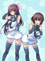 Rule 34 | 2girls, black gloves, black legwear, black neckerchief, black sailor collar, blue background, brown eyes, brown hair, closed mouth, commentary request, cosplay, elbow gloves, feet out of frame, fingers together, gloves, gradient hair, hair ornament, highres, honeycomb (pattern), honeycomb background, inu3, kantai collection, kisaragi (kancolle), leaning forward, long hair, looking at viewer, multicolored hair, multiple girls, mutsuki (kancolle), neckerchief, open mouth, red hair, sailor collar, samidare (kancolle), samidare (kancolle) (cosplay), school uniform, serafuku, shirt, short hair, skirt, sleeveless, sleeveless shirt, smile, standing, steepled fingers, suzukaze (kancolle), suzukaze (kancolle) (cosplay), teeth, thighhighs, upper teeth only, white skirt, zettai ryouiki