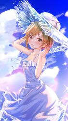 Rule 34 | 1girl, aiba yumi, arm up, bare shoulders, blonde hair, blue dress, blue sky, blush, breasts, brown eyes, cleavage, cloud, collarbone, cowboy shot, dot nose, dress, from side, gradient sky, hand up, hat, highres, idolmaster, idolmaster cinderella girls, idolmaster cinderella girls starlight stage, looking at viewer, medium breasts, nagmilk, open mouth, short hair, sky, sleeveless, sleeveless dress, smile, solo, sparkle, splashing, standing, straw hat, sundress, white hat