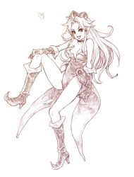 Rule 34 | 1girl, angela (seiken densetsu 3), bad id, bad pixiv id, boots, breasts, brown theme, cleavage, crown, fuku imo, gloves, hat, leotard, long hair, monochrome, pointy ears, seiken densetsu, seiken densetsu 3, sketch, solo, square enix