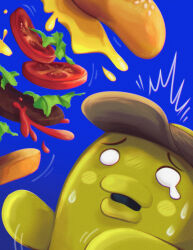 Rule 34 | 1boy, absurdres, blue background, bun (food), burger, cheese, colored skin, commentary, crying, english commentary, food, green skin, hat, highres, kuchipatchi, lettuce, meat, open mouth, simple background, solo, sweatdrop, tamagotchi, tamagotchi connection: corner shop, tears, tomato, zedekyr