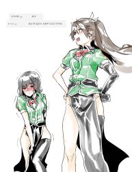 Rule 34 | 2girls, :d, bad id, bad pixiv id, black gloves, black hair, black legwear, blush, bow, breasts, brown hair, buttons, collared shirt, cosplay, dongsa wonhyong, elbow gloves, embarrassed, eyebrows, gloves, green shirt, groin, haguro (kancolle), hair between eyes, hair ornament, hair ribbon, hands on own hips, kantai collection, korean text, legs apart, long hair, long skirt, medium breasts, multiple girls, no panties, nose blush, open mouth, pelvic curtain, puffy short sleeves, puffy sleeves, red bow, red neckwear, ribbon, shirt, short hair, short sleeves, side slit, simple background, single elbow glove, single thighhigh, skirt, skirt tug, smile, standing, teeth, thighhighs, tone (kancolle), tone (kantai collection) (cosplay), translation request, trembling, twintails, white background, white ribbon