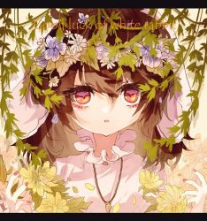 Rule 34 | 1girl, animal ears, brown hair, carrot necklace, collar, dress, english text, engrish text, fingernails, flower, foliage, frilled collar, frills, hair between eyes, hair flower, hair ornament, head wreath, inaba tewi, jewelry, letterboxed, looking at viewer, medium hair, necklace, pink dress, rabbit ears, rabbit girl, ranguage, red eyes, shinjitsu no kuchi, solo, touhou, upper body, white background, white flower