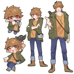 Rule 34 | 1boy, :3, blue pants, brown eyes, camera, chibi, closed mouth, crossed arms, full body, green jacket, highres, holding, holding camera, jacket, long sleeves, looking at viewer, luke pearce (tears of themis), male focus, multiple views, open mouth, outstretched arm, pants, remosea, shirt, short hair, simple background, standing, tears of themis, white shirt, yellow shirt