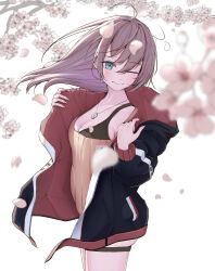 Rule 34 | 1girl, ass, black jacket, black tank top, blush, breasts, cherry blossoms, cleavage, cowboy shot, green eyes, highres, hololive, jacket, long hair, medium breasts, natsuiro matsuri, natsuiro matsuri (gaming casual), off-shoulder sweater, off shoulder, one eye closed, orange sweater, pursed lips, sharc, solo, standing, sweater, swept bangs, tank top, thigh strap, two-sided fabric, two-sided jacket, virtual youtuber, wind