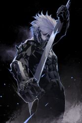 Rule 34 | 1boy, bodysuit, clenched hand, cofffee, cyborg, eyepatch, gloves, highres, holding, holding sword, holding weapon, katana, looking at viewer, male focus, mechanical parts, metal gear (series), metal gear rising: revengeance, raiden (metal gear), science fiction, short hair, solo, sword, weapon, white hair