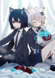 Rule 34 | 2girls, ahoge, animal ear fluff, animal ears, arknights, bed sheet, black footwear, black hair, black jacket, black legwear, black necktie, black skirt, blood, blood on clothes, blood on face, blue flower, blue rose, bouquet, closed eyes, closed mouth, collared shirt, commentary request, curtains, facing viewer, feet out of frame, flower, hair ornament, hairclip, highres, hugging object, jacket, lappland (arknights), long sleeves, looking at viewer, material growth, multicolored hair, multiple girls, necktie, open clothes, open jacket, oripathy lesion (arknights), pantyhose, petals, pleated skirt, red eyes, red hair, red medicine, rose, rose petals, shirt, shoes, short hair, sitting, skirt, sleeves past wrists, socks, tail, texas (arknights), two-tone hair, white hair, white legwear, white shirt