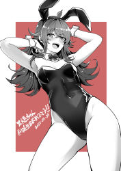 Rule 34 | 1girl, absurdres, ahoge, animal ears, arms behind head, bear paw s, bow, bowtie, breasts, cowboy shot, detached collar, from behind, greyscale, hair flaps, happy birthday, highres, idolmaster, idolmaster shiny colors, komiya kaho, leotard, monochrome, playboy bunny, rabbit ears, simple background, small breasts, smile, solo, spot color, standing, strapless, strapless leotard, wrist cuffs