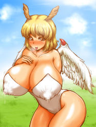 Rule 34 | 1990s (style), 1girl, angel (monster farm), artist request, blonde hair, blush, breast suppress, breasts, breath, brown eyes, cleavage, collarbone, covered erect nipples, female focus, highres, hip focus, huge breasts, lactation, monster farm, monster girl, nipples, open mouth, puffy nipples, retro artstyle, shiny skin, short hair, standing, sweat, tongue, tongue out, trembling, wings