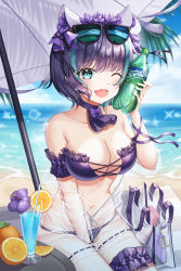 Rule 34 | 1girl, ;d, animal ears, azur lane, bag, bare shoulders, beach, bikini, black hair, blush, bow, breasts, bridal garter, cat ears, cheshire (azur lane), cheshire (summery date!) (azur lane), cleavage, collarbone, commentary request, day, drink, drinking straw, eyewear on head, fake animal ears, fang, food, fruit, hair bow, highres, holding, large breasts, lemon, looking at viewer, navel, nowsicaa, ocean, one eye closed, open mouth, orange (fruit), orange slice, outdoors, purple bikini, short hair, sitting, smile, solo, sprite, sprite (drink), strapless, strapless bikini, sunglasses, swimsuit, transparent bag, umbrella
