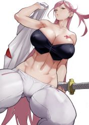 Rule 34 | 1girl, absurdres, arm up, bare shoulders, breast tattoo, breasts, cleavage, closed mouth, collarbone, earrings, fingerless gloves, foreshortening, gloves, gluteal fold, groin, highres, holding, holding clothes, holding jacket, holding sword, holding weapon, jacket, jewelry, long hair, navel, nostrils, pants, pink hair, sagiri yuuko, simple background, skindentation, solo, sword, tattoo, thick thighs, thighs, tight clothes, tight pants, toned, triage x, unworn jacket, very long hair, weapon, white background, white gloves, white pants, yoshio (55level)