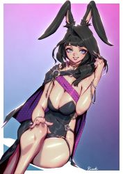 Rule 34 | 1girl, animal ears, artist name, black hair, blue eyes, breasts, commission, covered navel, final fantasy, final fantasy xiv, gradient background, hand in own hair, highres, kionaoki, large breasts, long hair, mole, mole under mouth, original, rabbit ears, skeb commission, solo, warrior of light (ff14)