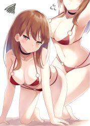 Rule 34 | 1girl, armpits, arms up, bare arms, bare legs, bare shoulders, barefoot, bikini, black choker, blush, breasts, brown eyes, brown hair, choker, commentary request, flying sweatdrops, head out of frame, head tilt, highres, igayan, jewelry, kneeling, large breasts, long hair, looking at viewer, multiple views, navel, o-ring, o-ring bikini, original, pendant, red bikini, simple background, squiggle, stomach, swimsuit, thighs, white background