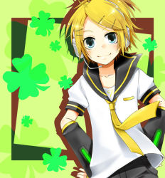Rule 34 | 1girl, abe., abe toshi, bad id, bad pixiv id, blonde hair, blue eyes, clover, cosplay, crossdressing, four-leaf clover, hair ornament, hairclip, headphones, kagamine len, kagamine len (cosplay), kagamine rin, necktie, siblings, smile, solo, twins, vocaloid, yellow necktie