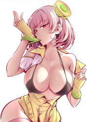 Rule 34 | 1girl, bare shoulders, bikini, biting, black bikini, blush, breasts, cleavage, coat, collarbone, cowboy shot, fei luo mao, fingerless gloves, glove biting, gloves, groin, hair ornament, highres, kamen rider, kamen rider ex-aid (series), large breasts, looking at viewer, mole, mole under eye, open clothes, pink hair, pink thighhighs, poppi pipopapo, red eyes, short sleeves, solo, swimsuit, thighhighs, tsurime, yellow coat, yellow gloves