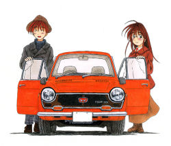 Rule 34 | 1boy, 1girl, ^ ^, blush, brown hair, brown skirt, car, closed eyes, coat, couple, glasses, hat, honda, honda n360, long hair, long skirt, looking at viewer, motor vehicle, necktie, open mouth, original, pants, ribbed sweater, right-hand drive, shadow, shoes, simple background, skirt, smile, standing, sweater, traditional media, turtleneck, vehicle, vehicle focus, watanabe (yellow comet ap1)