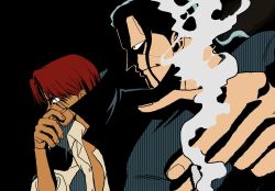Rule 34 | 2boys, artist request, benn beckman, black hair, cape, cigarette, facial hair, highres, holding, holding cigarette, looking to the side, manly, multiple boys, official style, one piece, red hair, serious, shaded face, shanks (one piece), short hair, simple background, smoking