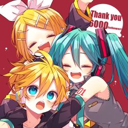Rule 34 | 1boy, 2girls, :d, :o, ahoge, arm up, blonde hair, blue hair, blush, bow, closed eyes, collared shirt, detached sleeves, hair bow, hair ornament, hairclip, hatsune miku, headphones, headset, highres, kagamine len, kagamine rin, kaho 0102, long sleeves, looking up, milestone celebration, multiple girls, necktie, open mouth, ponytail, shirt, short hair, sleeveless, sleeveless shirt, smile, sweat, thank you, twintails, vocaloid