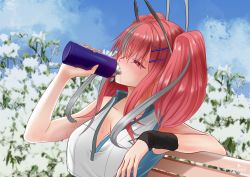 Rule 34 | 1girl, absurdres, ayachimikami, azur lane, bench, bremerton (azur lane), day, drinking, female focus, hair ornament, highres, multicolored hair, outdoors, red hair, sky, solo, twintails, upper body, x hair ornament