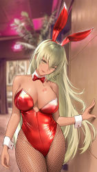 Rule 34 | 1girl, animal ears, arm at side, arm support, bare arms, bare shoulders, blonde hair, blurry, blurry background, breasts, commentary, commission, cowboy shot, depth of field, english text, fake animal ears, fire emblem, fire emblem heroes, fishnet pantyhose, fishnets, hair between eyes, head tilt, highleg, highleg leotard, highres, igrene (fire emblem), indoors, large breasts, legs together, leotard, lipstick mark, long hair, looking at viewer, mixed-language commentary, mole, mole under eye, nintendo, pantyhose, playboy bunny, rabbit ears, red leotard, shizuko hideyoshi, smile, standing, strapless, strapless leotard, wrist cuffs, yellow eyes