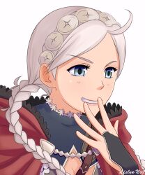 Rule 34 | ahoge, amerys, blue eyes, braid, buttons, capelet, fire emblem, fire emblem fates, fujoshi, hairband, hood, hood down, hooded capelet, leather, low twin braids, nina (fire emblem), nintendo, parted bangs, portrait, red capelet, red hood, smile, turtleneck, twin braids, white hair, white hairband