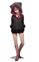 Rule 34 | 10s, 1girl, :q, bare legs, barefoot, full body, hands in pockets, hood, hoodie, licking lips, mahou shoujo madoka magica, mahou shoujo madoka magica (anime), red eyes, red hair, sakura kyoko, simple background, solo, takuan (takuanlunch), tongue, tongue out, white background