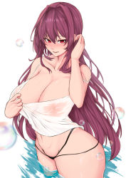 Rule 34 | 1girl, absurdres, bikini, bikini bottom only, blush, breasts, collarbone, fate/grand order, fate (series), hair intakes, highres, large breasts, long hair, looking at viewer, nipples, open mouth, partially submerged, purple hair, red eyes, scathach (fate), see-through, simple background, solo, swimsuit, tank top, vanko (vank0a), very long hair, water, wet, wet clothes, white background