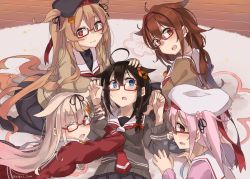 Rule 34 | 5girls, ahoge, beret, bespectacled, black hair, black ribbon, blue eyes, blush, braid, brown eyes, carpet, commentary request, fang, floral print, glasses, hair flaps, hair ornament, hair ribbon, hairband, harusame (kancolle), hat, heterochromia, kantai collection, light brown hair, long hair, long sleeves, looking at viewer, lying, multiple girls, murasame (kancolle), murasame kai ni (kancolle), necktie, on back, one eye closed, one side up, open mouth, pink eyes, pink hair, red-framed eyewear, red eyes, red neckwear, ribbon, sailor collar, school uniform, shigure (kancolle), shiratsuyu (kancolle), shiratsuyu kai ni (kancolle), single braid, smile, sugue tettou, twitter username, wooden floor, yuudachi (kancolle)