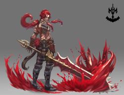 Rule 34 | 1boy, abs, absurdres, armor, bad id, bad twitter id, blood, brown gloves, deepmaru, gloves, gradient background, greatsword, greaves, highres, holding, holding sword, holding weapon, long hair, male focus, muscular, original, padded armor, pauldrons, ponytail, red eyes, red hair, scar, scar on face, shoulder armor, smile, solo, standing, sword, teeth, torn clothes, weapon