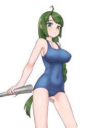 Rule 34 | 1girl, absurdres, ahoge, blue one-piece swimsuit, braid, breasts, covered navel, cowboy shot, gluteal fold, green hair, happi, highres, japanese clothes, kantai collection, large breasts, long hair, looking at viewer, maru (marg0613), mole, mole under mouth, old school swimsuit, one-piece swimsuit, school swimsuit, simple background, single braid, solo, swimsuit, very long hair, white background, yuugumo (kancolle)