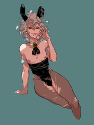 Rule 34 | 1boy, absurdres, animal ears, aqua background, arm support, armlet, brooch, bulge, clover brooch, condom, danganronpa (series), danganronpa 2: goodbye despair, detached collar, fake animal ears, fala alfredo pasta, highres, holding, implied yaoi, jewelry, komaeda nagito, leotard, male focus, male playboy bunny, messy hair, mouth hold, nipples, pantyhose, rabbit ears, seductive smile, simple background, sitting, smile, solo, torn clothes, torn pantyhose, used condom
