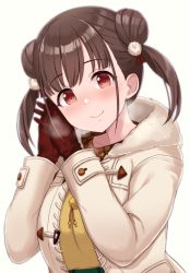 Rule 34 | 1girl, blush, breath, brown coat, brown hair, closed mouth, coat, commentary request, double bun, gloves, hair bun, hair ornament, hands up, head tilt, highres, hood, hood down, hooded coat, idolmaster, idolmaster shiny colors, interlocked fingers, long sleeves, looking at viewer, mitsukazu (nijigen complex), open clothes, open coat, own hands together, pocket, pom pom (clothes), red eyes, red gloves, shirt, short hair, short twintails, simple background, smile, solo, sonoda chiyoko, twintails, upper body, white background, yellow shirt