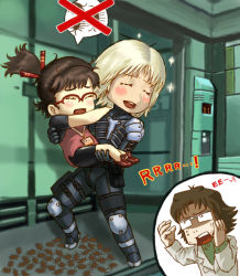 Rule 34 | 1girl, 2boys, bad id, bad pixiv id, blonde hair, blush, blush stickers, brown hair, bug, carrying, chibi, elevator, emma emmerich, glasses, hal emmerich, metal gear (series), metal gear solid, metal gear solid 2: sons of liberty, multiple boys, name tag, ponytail, princess carry, raiden (metal gear), sea lice, smile, sparkle, toriny