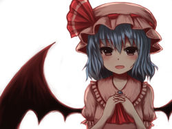 Rule 34 | 1girl, bad id, bad pixiv id, bat wings, blue hair, blush, female focus, own hands clasped, hat, hat ribbon, own hands together, raayu, red eyes, remilia scarlet, ribbon, short hair, solo, touhou, wings