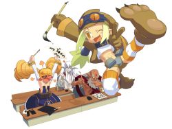 Rule 34 | 2boys, 2girls, angry, archer (disgaea), arm warmers, arms up, beard, belt, belt pouch, blonde hair, blush, breasts, calligraphy, calligraphy brush, chain, codpiece, collar, disgaea, drawing on another&#039;s face, drill hair, facial hair, flat chest, footprints, forehead jewel, geomancer (disgaea), gloves, goggles, hanetsuki, hat, healer (disgaea), ishikawa hideki, long hair, makai senki disgaea 3, midriff, multiple boys, multiple girls, nippon ichi, no bra, no shirt, official art, one eye closed, paintbrush, paw shoes, pointy ears, ponytail, pouch, shoes, shorts, sinner (disgaea), small breasts, striped clothes, striped legwear, striped thighhighs, tears, thief (disgaea), thighhighs, topless male, translated, underboob, white hair, wink, yellow eyes, zipper