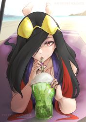 Rule 34 | 1girl, artist name, barefoot, beach, beach mat, black hair, collarbone, creatures (company), cup, drinking, drinking straw, elbow rest, eyeshadow, eyewear on head, frontier brain, game freak, glint, hair over one eye, hair strand, highres, legs up, lens flare, lips, long hair, looking at viewer, lucy (pokemon), lying, makeup, multicolored hair, nail polish, nintendo, ocean, on stomach, one-piece swimsuit, patreon username, pokemon, pokemon emerald, pokemon rse, purple eyeshadow, purple nails, purple one-piece swimsuit, red eyes, red hair, sand, solo, sunglasses, swimsuit, tinted eyewear, two-tone hair, very long hair, vialnite, yellow-tinted eyewear
