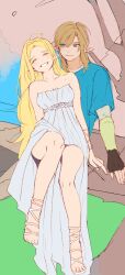 Rule 34 | 1boy, 1girl, bare shoulders, blonde hair, hatenokatasumi, highres, link, princess zelda, sitting