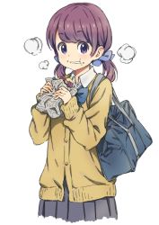 Rule 34 | 1girl, bag, blue background, bow, brown hair, cardigan, cowboy shot, eating, food, food on face, hair bow, hair ribbon, looking at viewer, newspaper, original, pepo (pepopepo), pleated skirt, purple eyes, purple hair, ribbon, roasted sweet potato, school bag, school uniform, short twintails, simple background, skirt, solo, steam, sweet potato, twintails, white background, wing collar