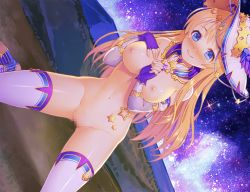 Rule 34 | 1girl, ajishio, blonde hair, blue eyes, blush, breasts, censored, closed mouth, detached sleeves, dragon providence, dutch angle, fingerless gloves, game cg, gloves, grey sleeves, hair ornament, hat, hat ornament, large breasts, long hair, long sleeves, looking at viewer, mosaic censoring, navel, night, nipples, official art, outdoors, purple gloves, shiny clothes, shiny legwear, shiny skin, sky, smile, solo, star (sky), star (symbol), star hair ornament, star hat ornament, starry sky, thighhighs, very long hair, white hat, white thighhighs, witch hat