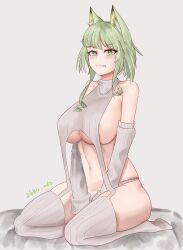 Rule 34 | 1girl, absurdres, animal ear fluff, animal ears, arknights, artist name, bare shoulders, between legs, breasts, cat ears, clenched teeth, detached sleeves, full body, green eyes, green hair, grey background, hand between legs, highres, kal&#039;tsit (arknights), large breasts, long sleeves, looking at viewer, lukie arts, panties, parted lips, revealing clothes, seiza, short hair with long locks, sidelocks, simple background, sitting, skindentation, solo, teeth, thighhighs, underboob, underwear, v-shaped eyebrows, white panties, white thighhighs